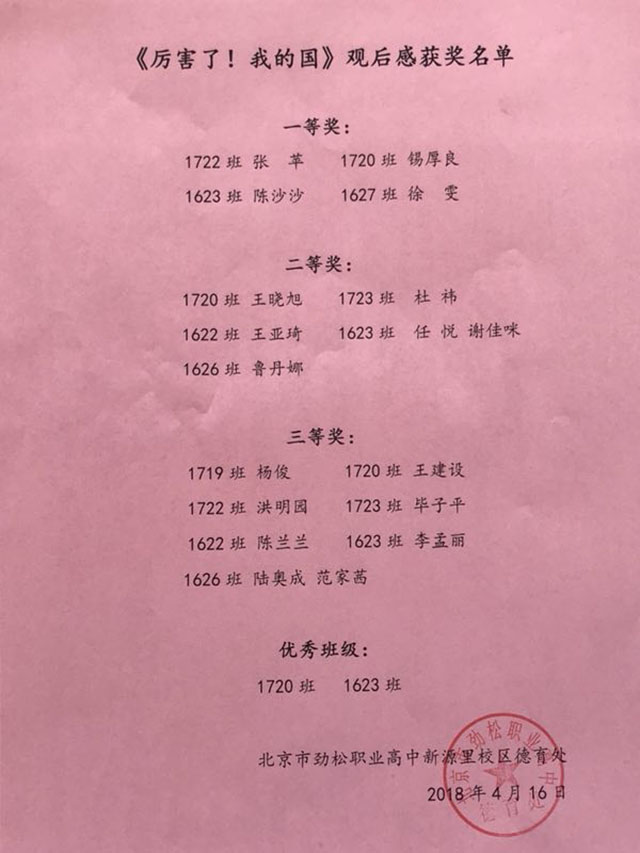 见证祖国辉煌 感受大国豪情——劲松职高新源里校区德育处组织《厉害了！我的国》观后感评比活动